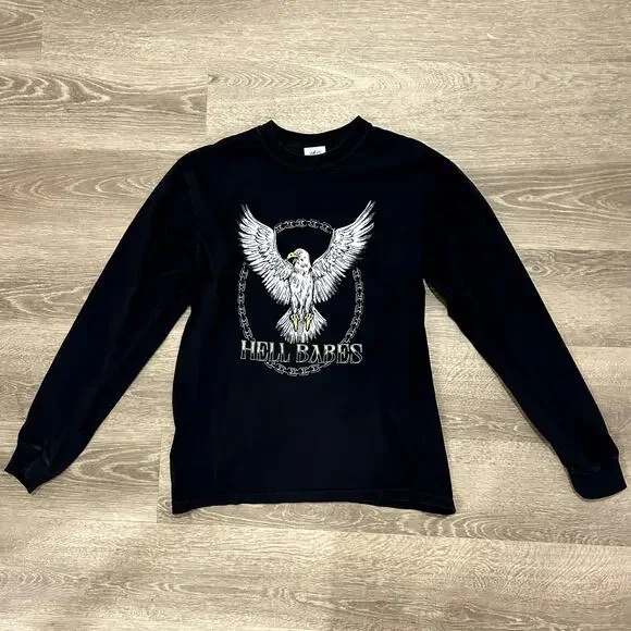 Hell Babes Graphic Long Sleeve Eagle Chain Print Top Black Medium89 - Picture 2 of 15